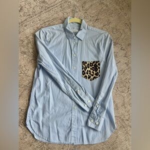 Equipment Blue Striped Shirt with Leopard Accent Picket